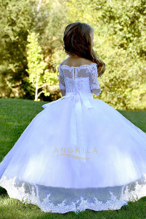 Lace-Up Off-the-Shoulder Ball Gown Flower Girl Dresses with Bow