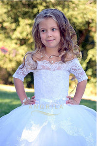 Lace-Up Off-the-Shoulder Ball Gown Flower Girl Dresses with Bow