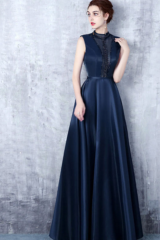 A-Line Sleeveless Beading Long Formal Prom Dresses Main image