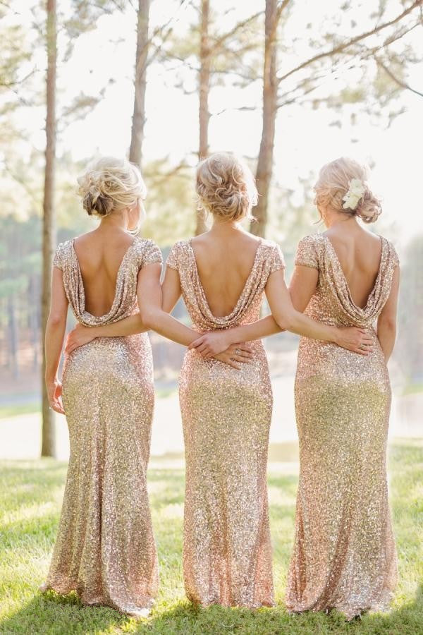Cap-Sleeve Sequin Mermaid Evening Dress with Cowl Back