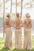 Cap-Sleeve Sequin Mermaid Evening Dress with Cowl Back