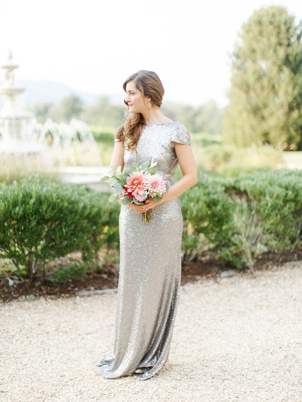 Cap-Sleeve Sequin Mermaid Evening Dress with Cowl Back