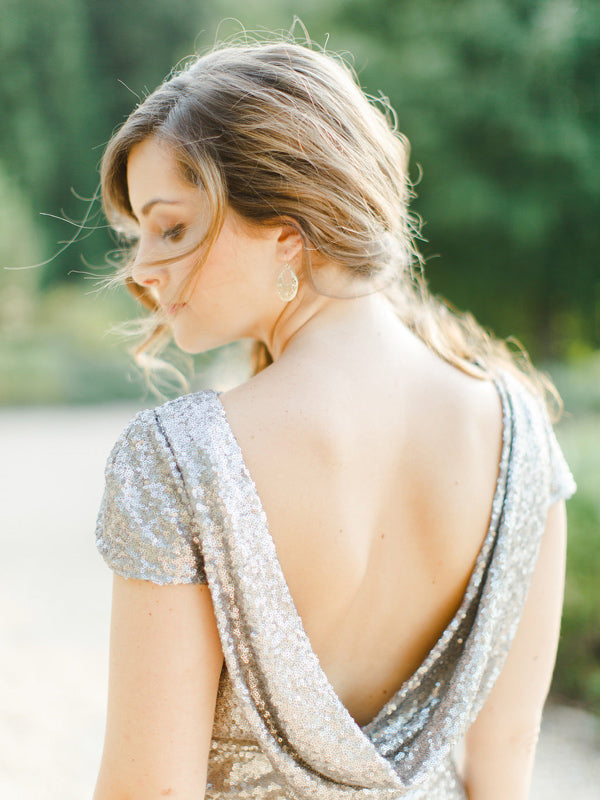 Silver Cap-Sleeve Sequin Mermaid Evening Dress with Cowl Back