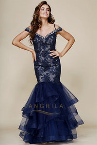 Beading Lace Ruffled Long Mermaid Formal Prom Dresses