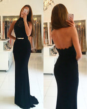 Sheath/Column Halter Lace Beading Open Back Long Formal Dresses