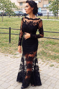V-Back Long-Sleeve Lace Mermaid Evening Dress
