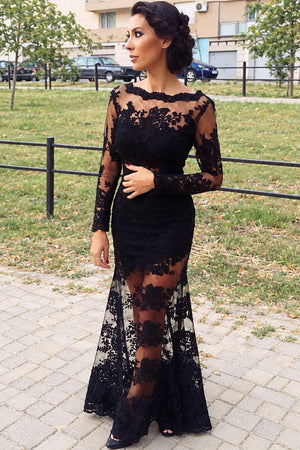 V-Back Long-Sleeve Lace Mermaid Evening Dress