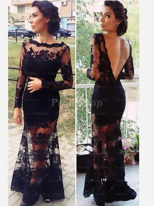 Back V-neck Floor Length Lace Prom Dresses With Long Sleeve