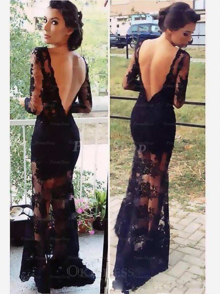 V-Back Long-Sleeve Lace Mermaid Evening Dress
