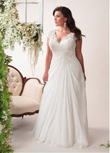 Plus size V-neck Cap Sleeve Lace Applique Pleated Long Chiffon Bridal Wedding Dresses