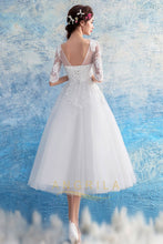 1/2 Sleeves Beading Tea-Length Tulle Wedding Dresses