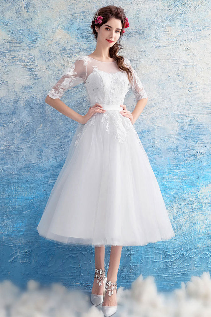 1/2 Sleeves Beading Tea-Length Tulle Wedding Dresses