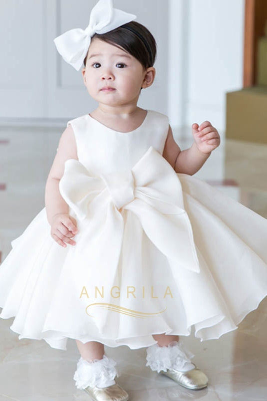 Satin and Chiffon Ball Gown Flower Girl Dress with Front Bow