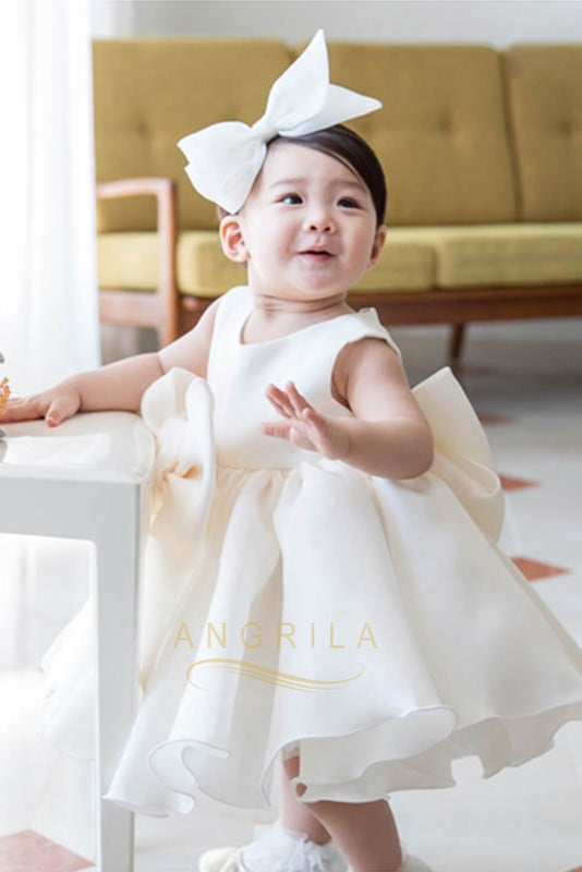 Satin and Chiffon Ball Gown Flower Girl Dress with Front Bow