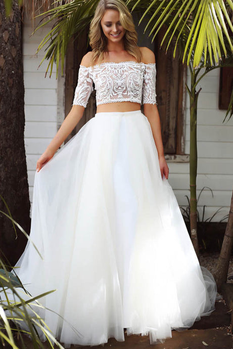 A-line Two-Piece Off-the-Shoulder Detachable Boho Wedding Dresses