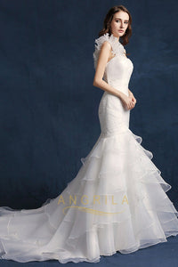 Trumpet/Mermaid One-Shoulder Long Beading Bridal Wedding Dresses with Ruffles