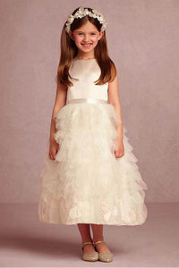 Charming Tulle & Satin Jewel Neckline Flower Girl Dress with Handmade Flowers