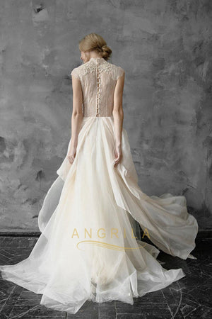Vintage A-Line/Princess High Neck Lace Cap Sleeves Wedding Dresses