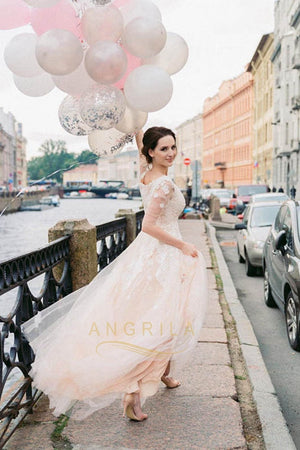 A-line/Princess V-Neck Lace Beaded Tulle Wedding Dresses with Long Sleeves