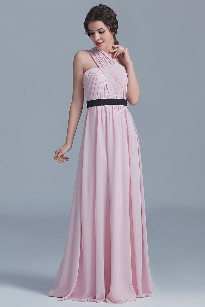 Charming One-Shoulder Floor-Length Pink Chiffon Bridesmaid Dresses Main image