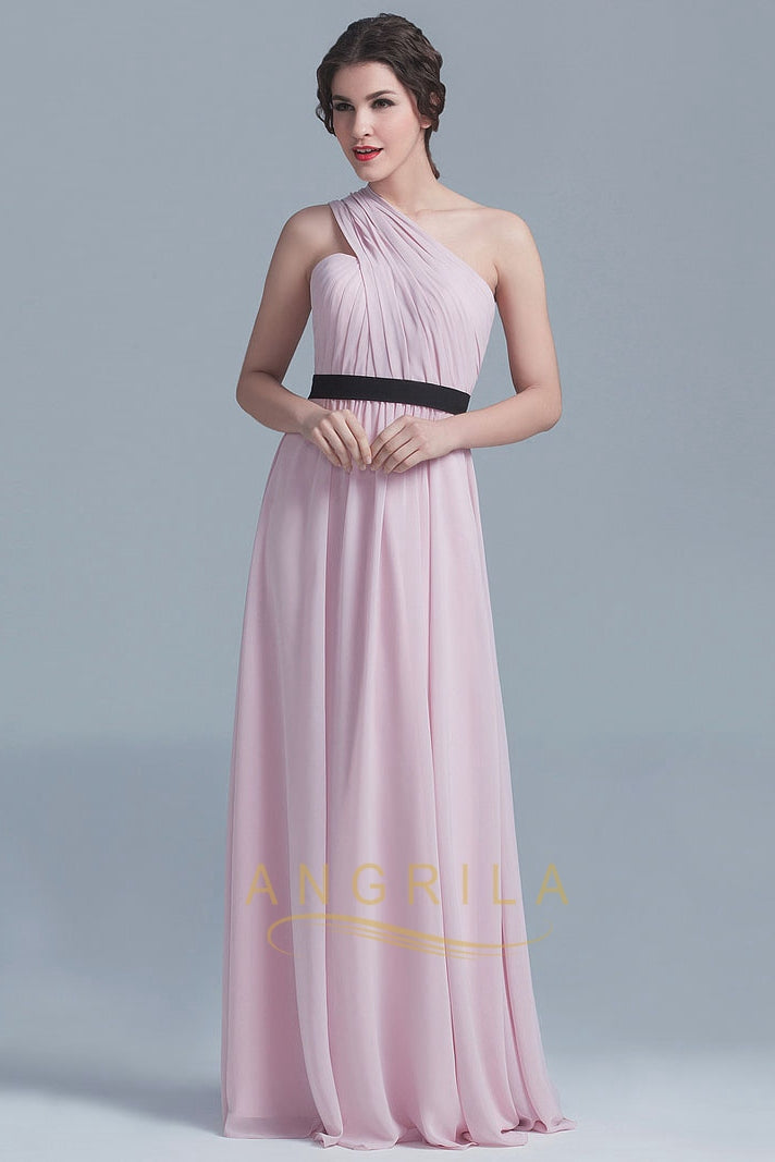 Charming One-Shoulder Floor-Length Pink Chiffon Bridesmaid Dresses Secondary image