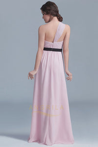 Charming One-Shoulder Floor-Length Pink Chiffon Bridesmaid Dresses