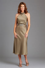 Elegant Sheath Halter Neckline Sleeveless Tea-length Satin Mother of the Bride Dresses