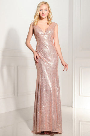 Pearl Pink Lace-Up V-Neck Sequin Sheath Evening Gown