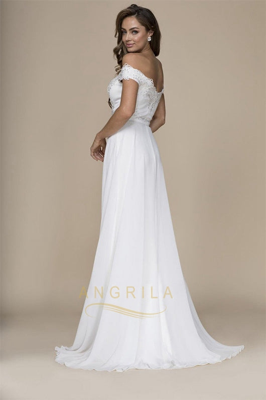 Off-the-Shoulder Chiffon Wedding Dress with Detachable Overskirt