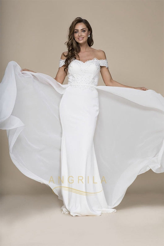 Off-the-Shoulder Chiffon Wedding Dress with Detachable Overskirt