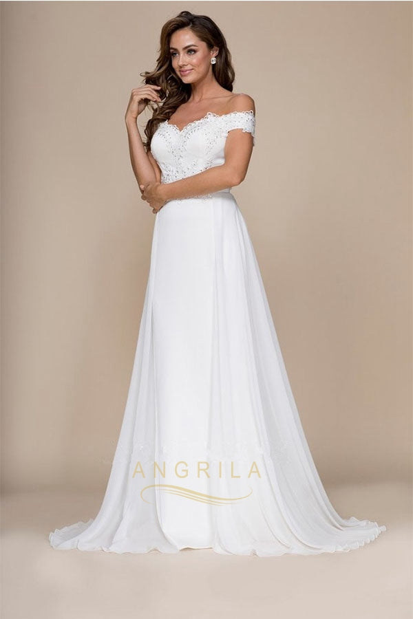Off-the-Shoulder Chiffon Wedding Dress with Detachable Overskirt