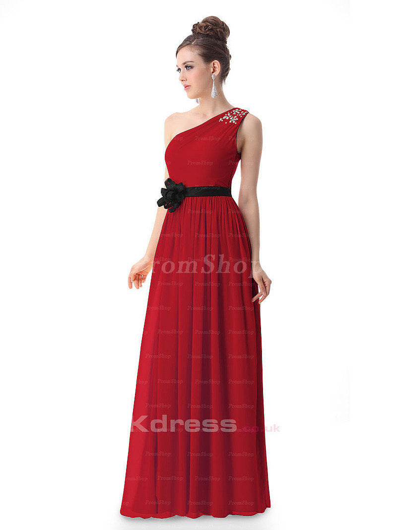 One-Shoulder Chiffon A-Line Evening Dress with Floral Waist Detail