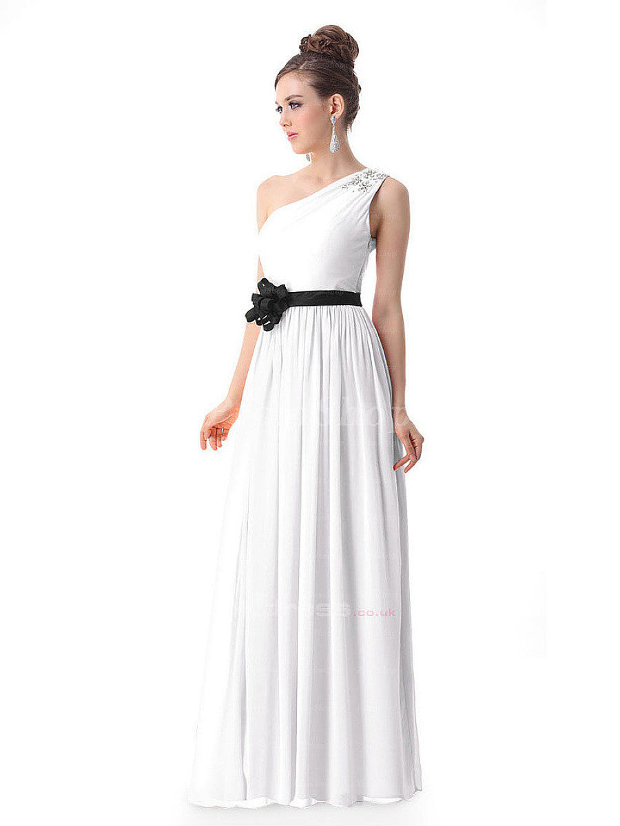 One-Shoulder Chiffon A-Line Evening Dress with Floral Waist Detail