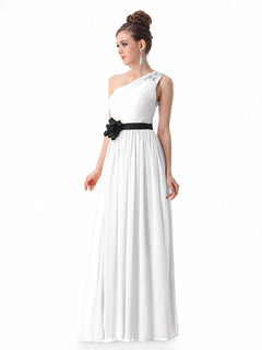 White One-Shoulder Chiffon A-Line Wedding Dress with Floral Waist Detail
