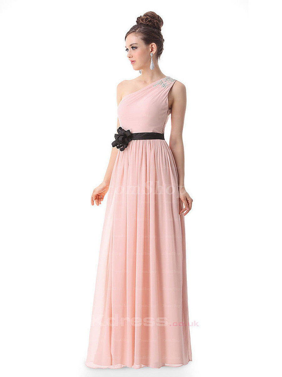 One-Shoulder Chiffon A-Line Evening Dress with Floral Waist Detail
