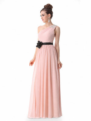 Pearl Pink One-Shoulder Chiffon A-Line Evening Dress with Floral Waist Detail