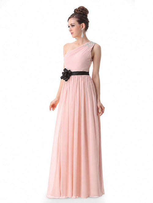 Pearl Pink One-Shoulder Chiffon A-Line Evening Dress with Floral Waist Detail