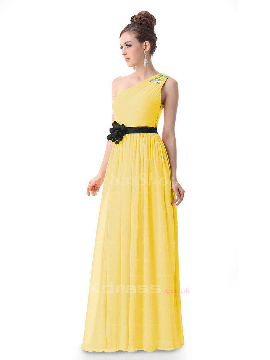 One-Shoulder Chiffon A-Line Evening Dress with Floral Waist Detail