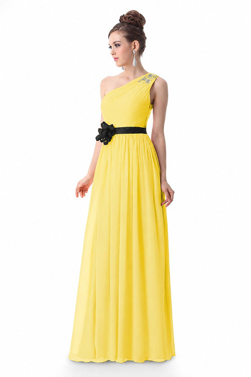 Butter Yellow One-Shoulder Chiffon A-Line Evening Dress with Floral Waist Detail