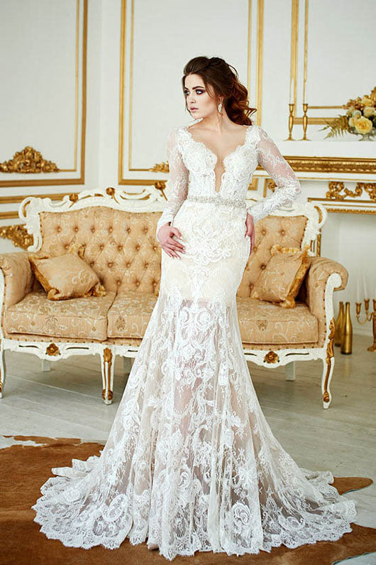 Elegant Long Sleeves V Neck Mermaid Lace Wedding Dresses Angrila