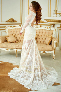 Elegant Long Sleeves V-Neck Mermaid Lace Wedding Dresses
