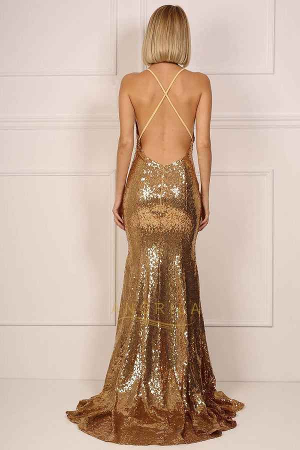 Gold Crisscross-Back Sequin Mermaid Prom Dress