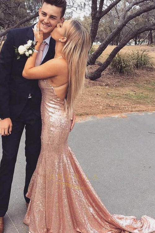 Rose Gold Crisscross-Back Sequin Mermaid Prom Dress