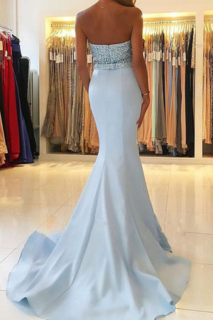 Mermaid Strapless Sweetheart Sweep Train Blue Prom Dress with Beading