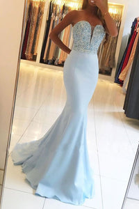 Mermaid Strapless Sweetheart Sweep Train Blue Prom Dress with Beading