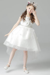 High Low Scoop Tulle Flower Girl Dresses with Beaded Flowers