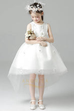 High Low Scoop Tulle Flower Girl Dresses with Beaded Flowers