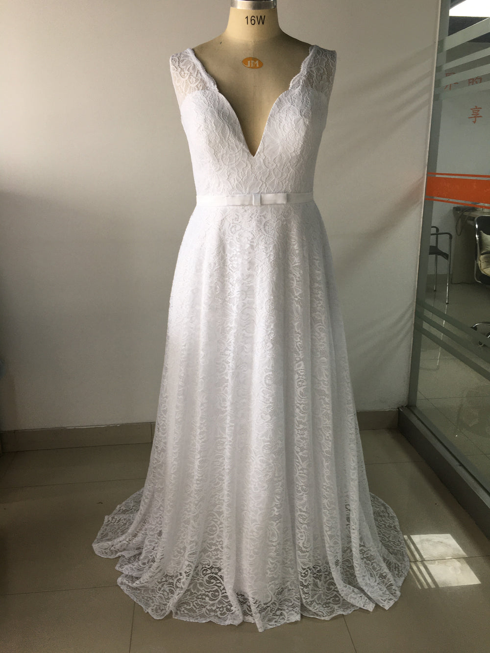 Lace and Tulle A-Line Wedding Dress with V-Back and Court Train