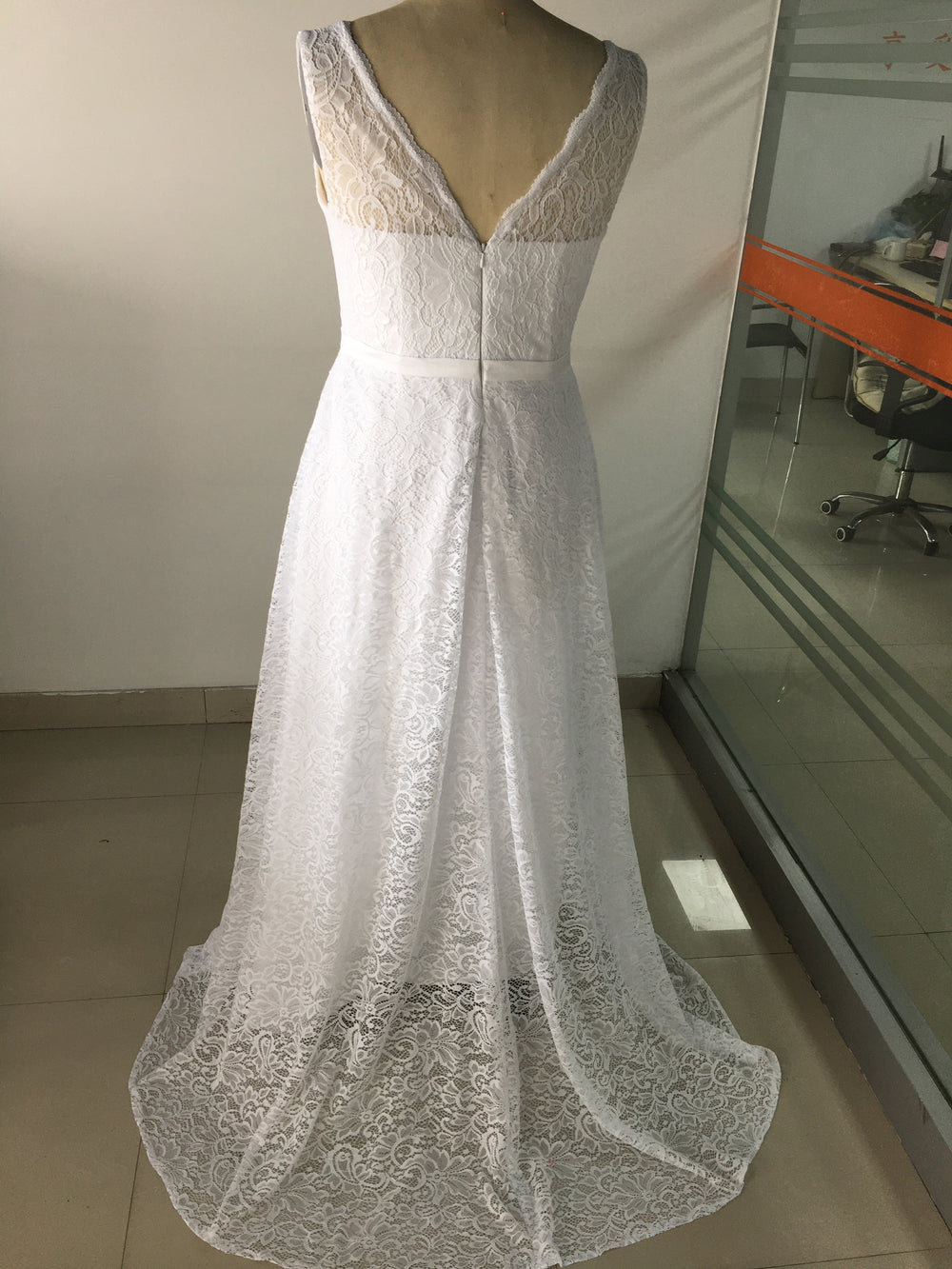 Lace and Tulle A-Line Wedding Dress with V-Back and Court Train