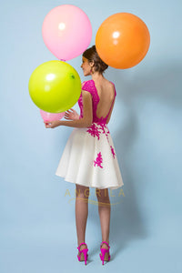 A-line V-Neck Lace Short Prom Dresses with Cap Sleeves
